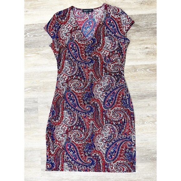 Jones New York Sz M Red Blue Paisley Print Faux Wrap Dress Slinky Stretch - Picture 1 of 6